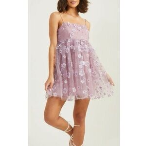TRIXXI Floral Mesh Babydoll Mini Dress Lavender Purple XS